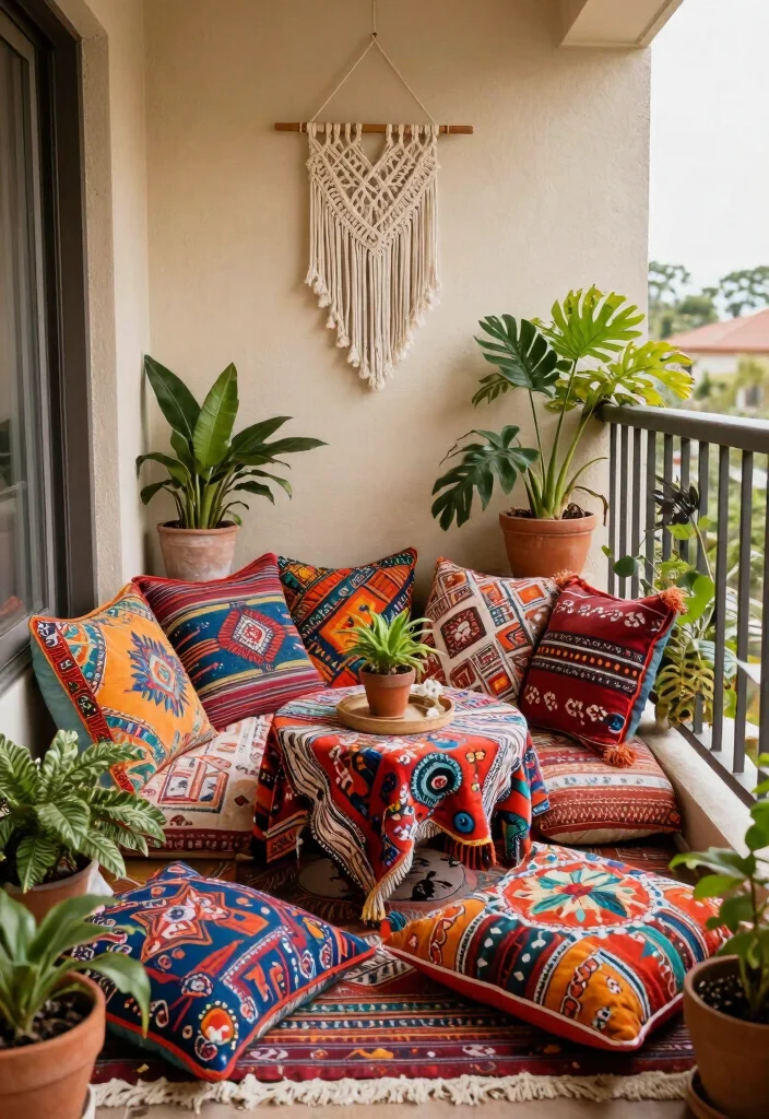 14 Small Apartment Balcony Ideas Styled for Everyday Comfort 8. Boho Chic Balcony Retreat 0
