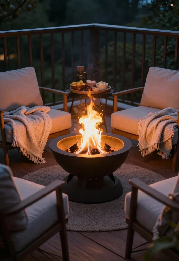 14 Small Apartment Balcony Ideas Styled for Everyday Comfort 9. Cozy Fire Pit Area 0