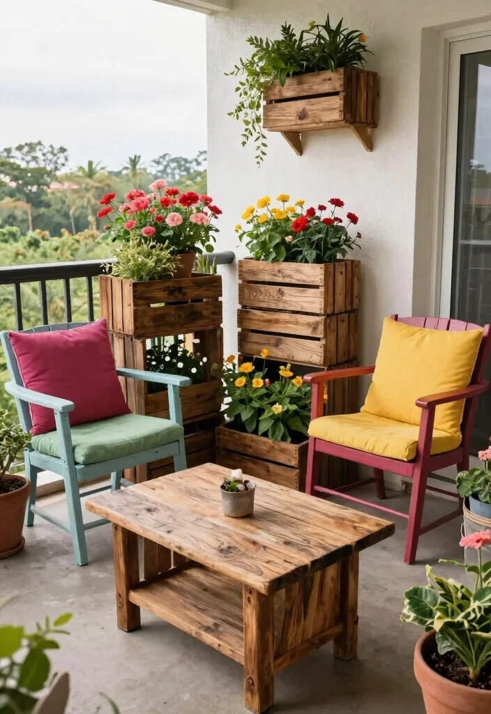 15 Big Balcony Ideas for Lounging Dining and Plant Styling 11. Upcycled Balcony Furniture 0