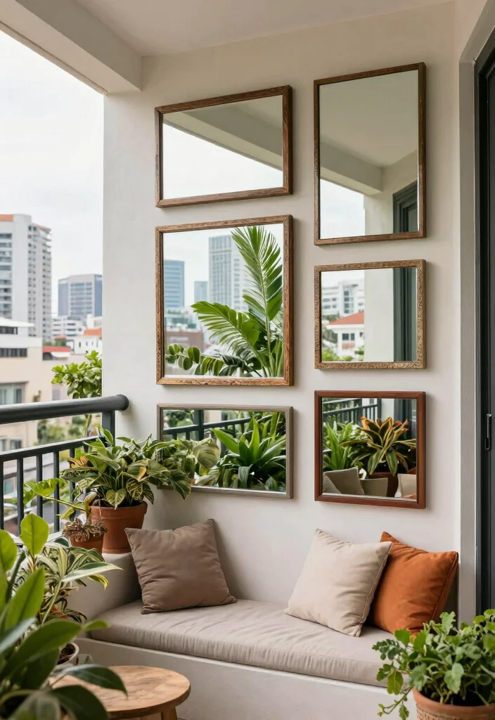 15 Big Balcony Ideas for Lounging Dining and Plant Styling 12. Reflective Space with Mirrors 0