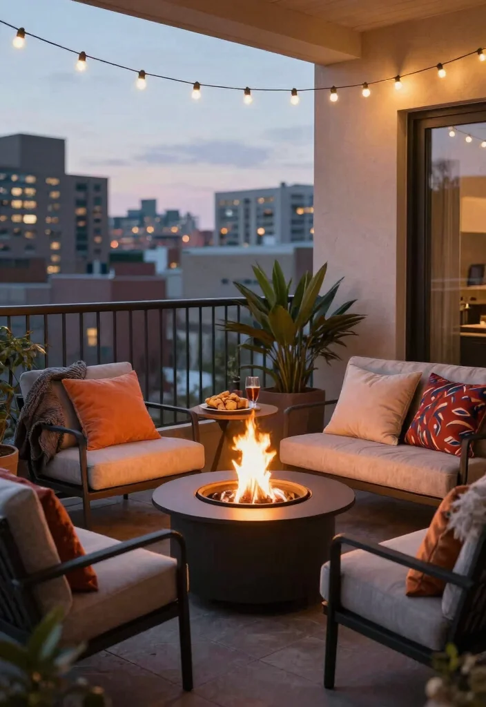 15 Big Balcony Ideas for Lounging Dining and Plant Styling 15. Cozy Fire Pit Area 0