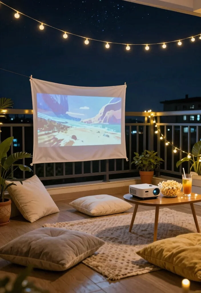 15 Big Balcony Ideas for Lounging Dining and Plant Styling 5. Movie Night Under the Stars 0