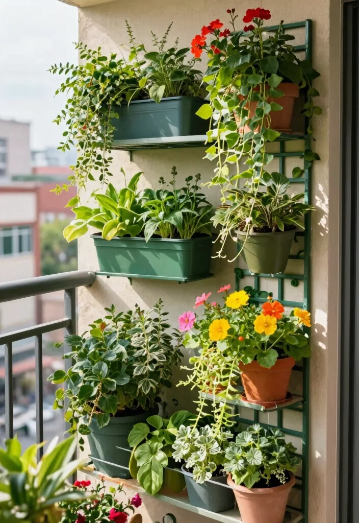 15 Big Balcony Ideas for Lounging Dining and Plant Styling 8. Elevated Gardening with Vertical Planters 0