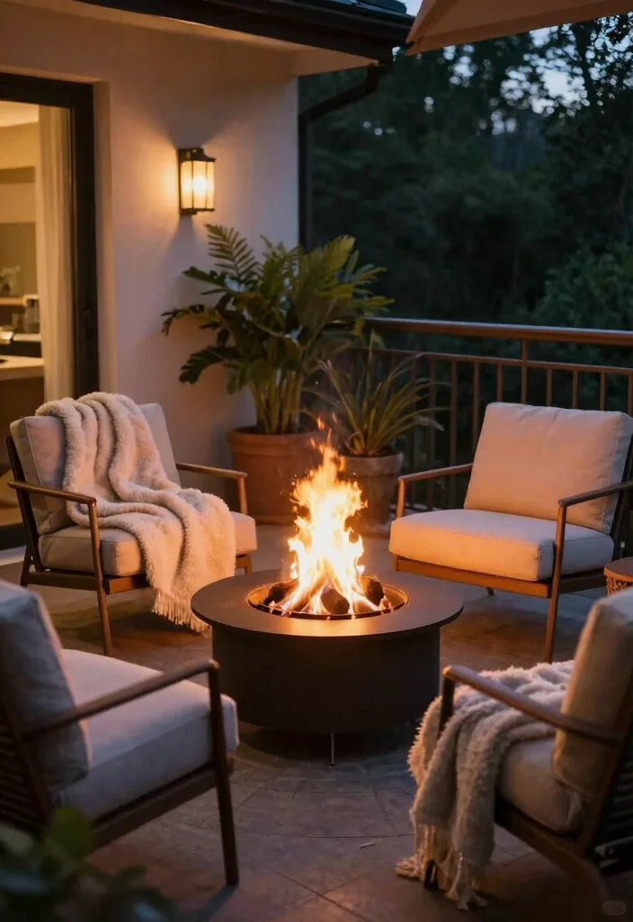 15 Large Balcony Ideas for Relaxed Hosting and Quiet Moments 14. Cozy Fire Pit 0