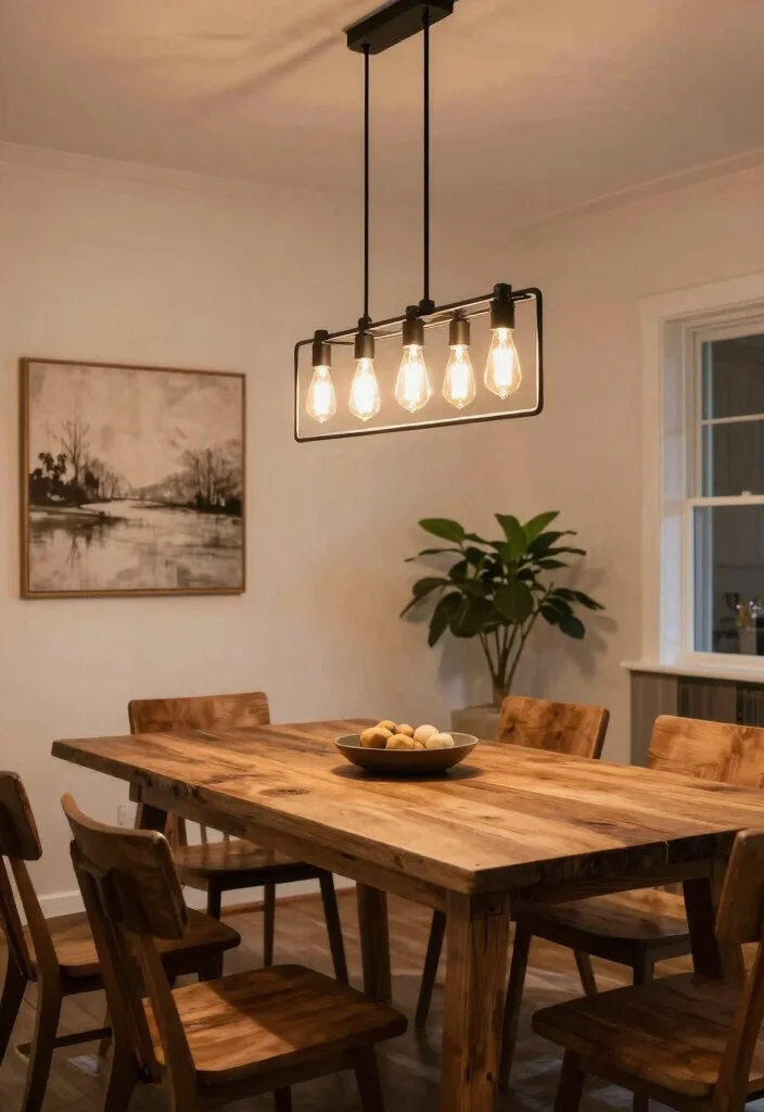 15 Modern Farmhouse Dining Room Ideas with Warm Character 3. Industrial Lighting Fixtures 0