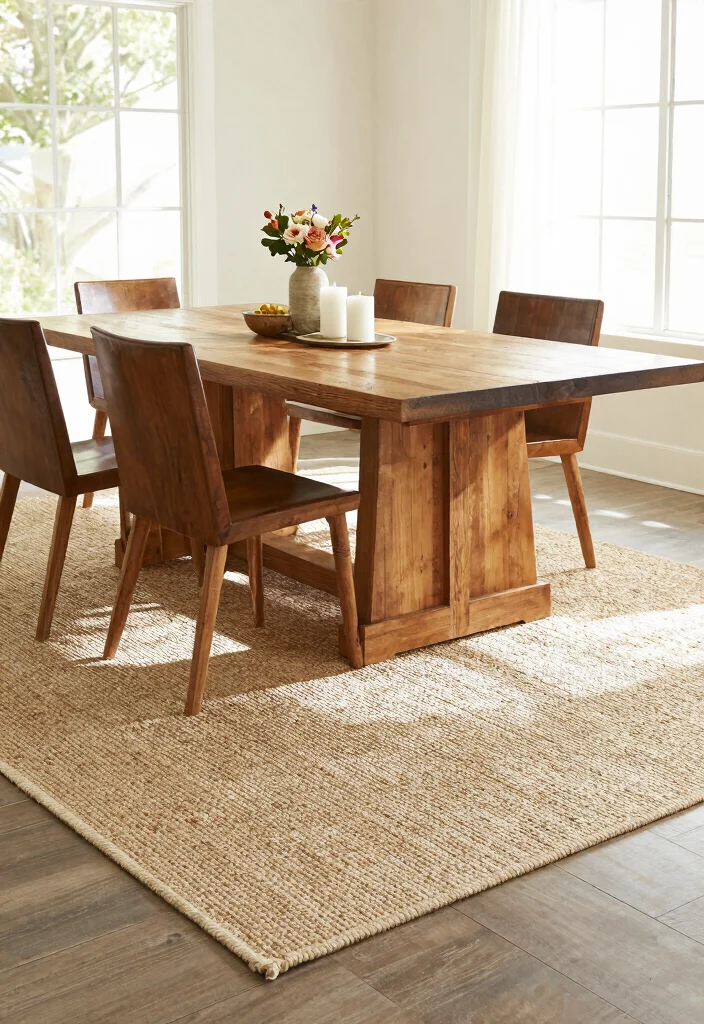 15 Modern Farmhouse Dining Room Ideas with Warm Character 4. Natural Fiber Rugs 0