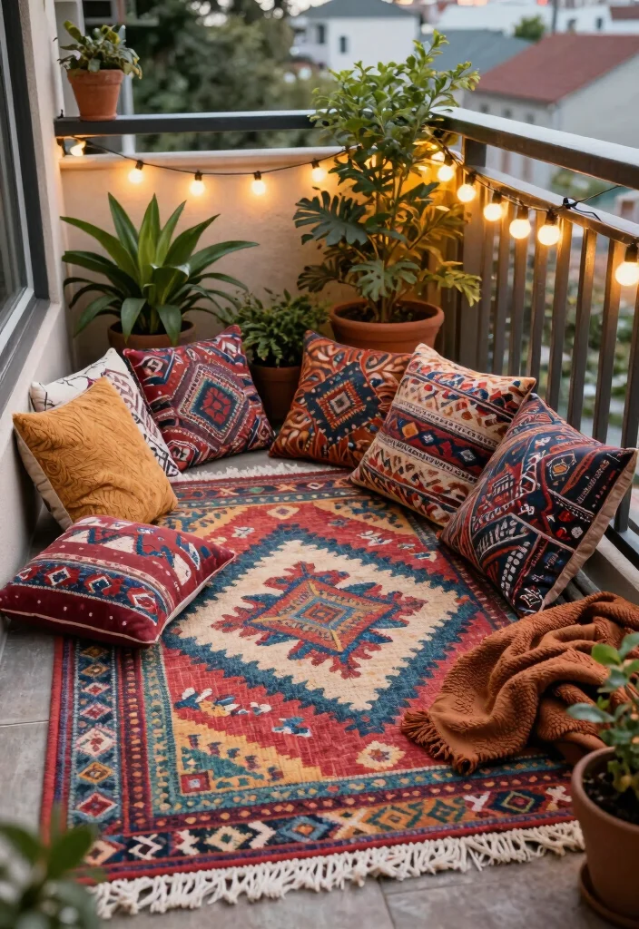 15 Outdoor Balcony Ideas for Fresh Air Living and Quiet Moments 9. Outdoor Rugs and Textiles 0