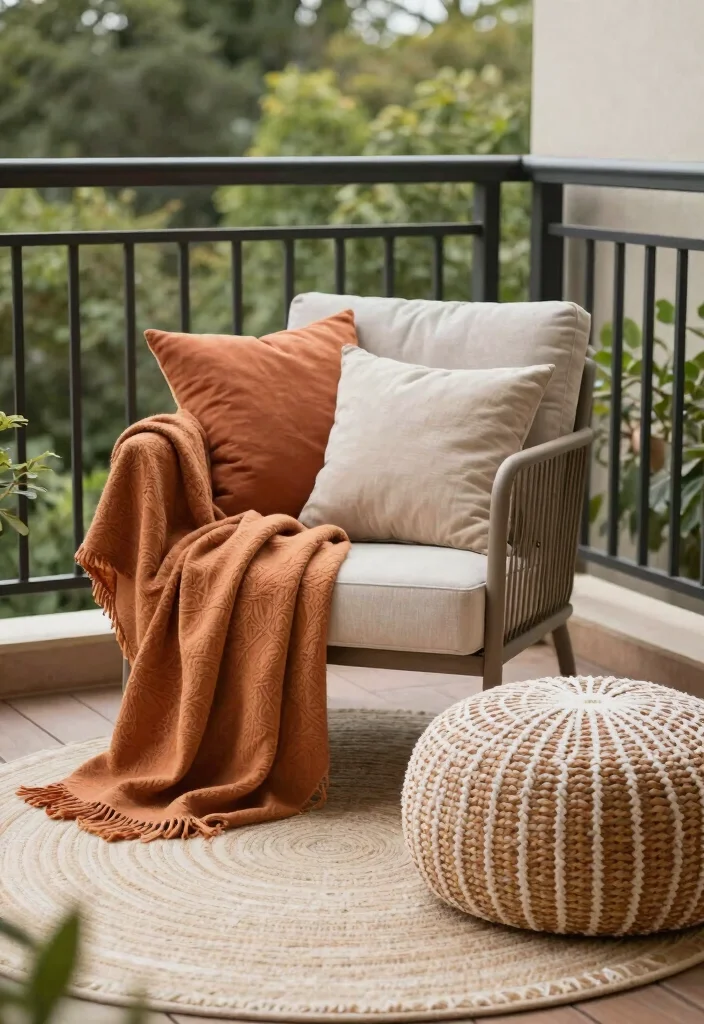 16 Apartment Balcony Ideas That Feel Cozy Airy and Lived In 4. Add Comfy Textiles 0