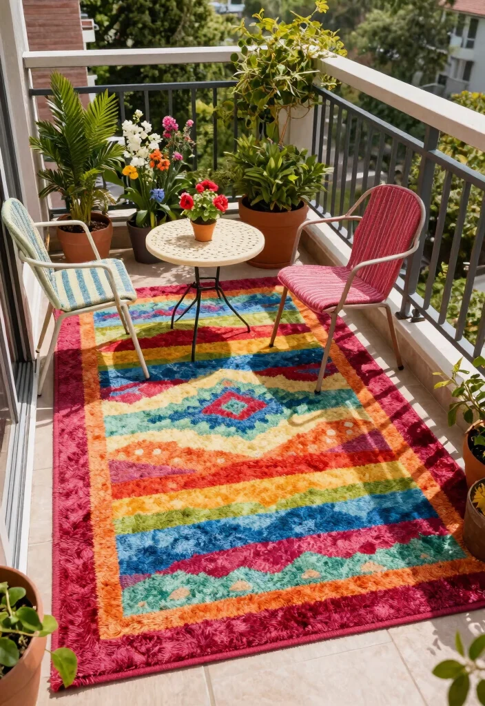 16 Apartment Balcony Ideas That Feel Cozy Airy and Lived In 5. Incorporate Outdoor Rugs 0