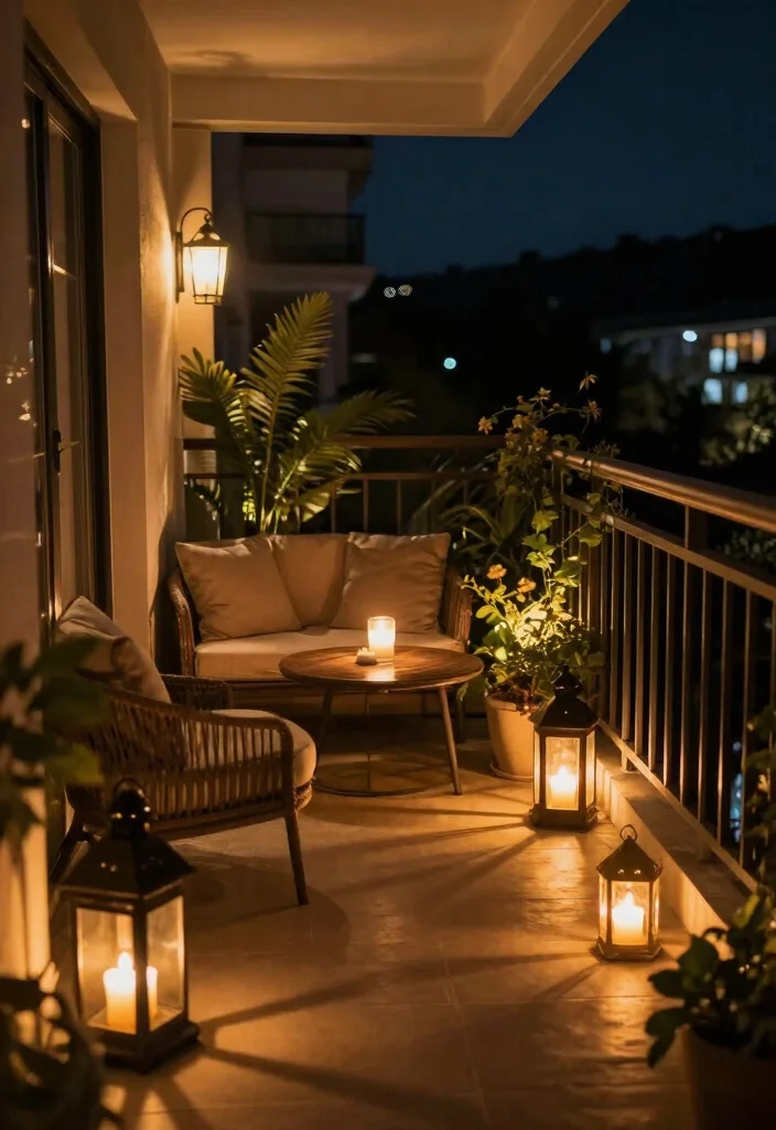 16 Apartment Balcony Ideas That Feel Cozy Airy and Lived In 8. Opt for Warm Lighting 0