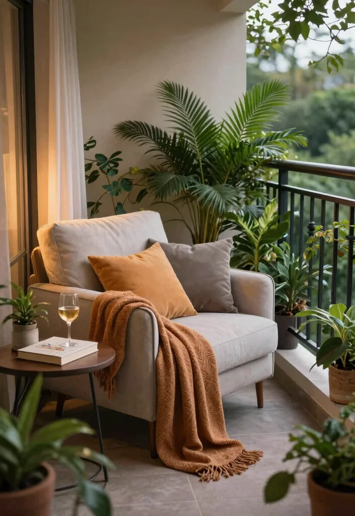 16 Balcony Decoration Ideas with Cozy Textures and Greenery 1. Cozy Seating Nook 0