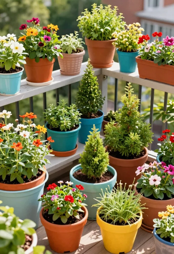 16 Balcony Decoration Ideas with Cozy Textures and Greenery 10. Colorful Container Gardens 0