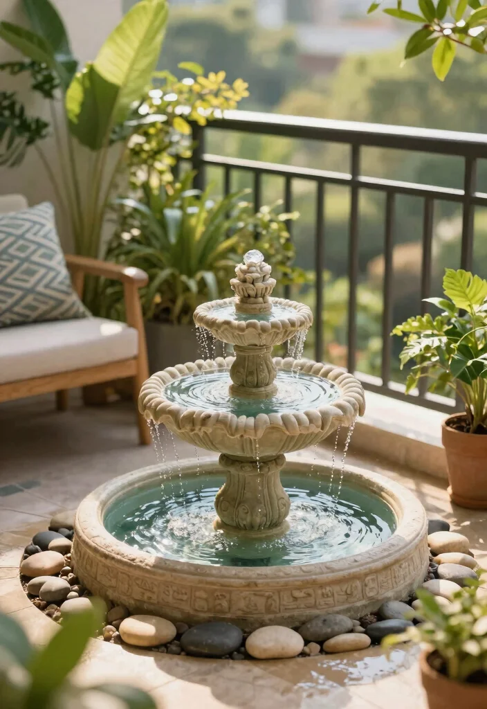 16 Balcony Decoration Ideas with Cozy Textures and Greenery 14. Miniature Water Feature 0