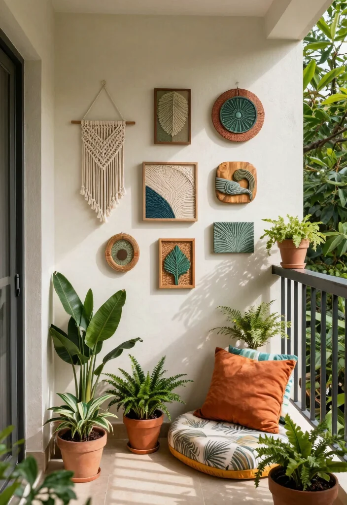 16 Balcony Decoration Ideas with Cozy Textures and Greenery 3. Textured Wall Art Display 0