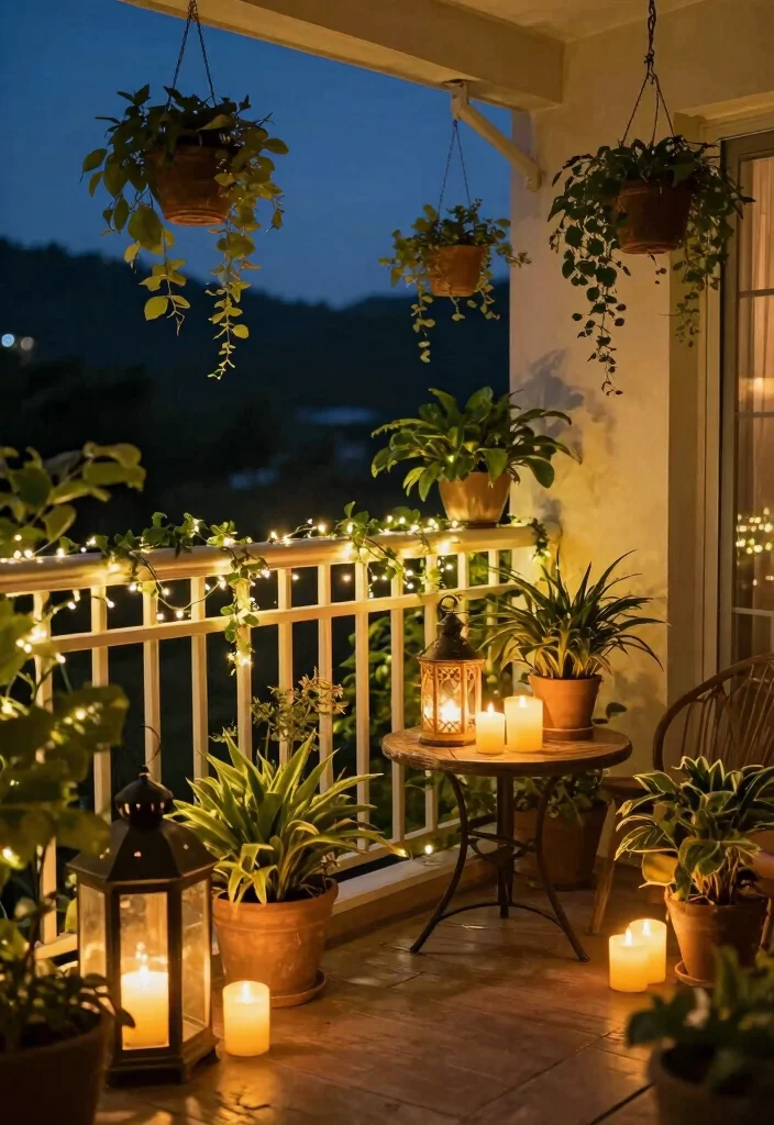 16 Balcony Decoration Ideas with Cozy Textures and Greenery 4. Ambient Lighting Magic 0