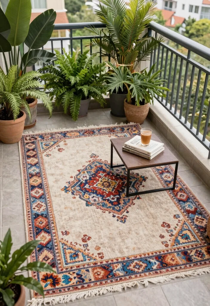 16 Balcony Decoration Ideas with Cozy Textures and Greenery 5. Layered Rugs for Comfort 0