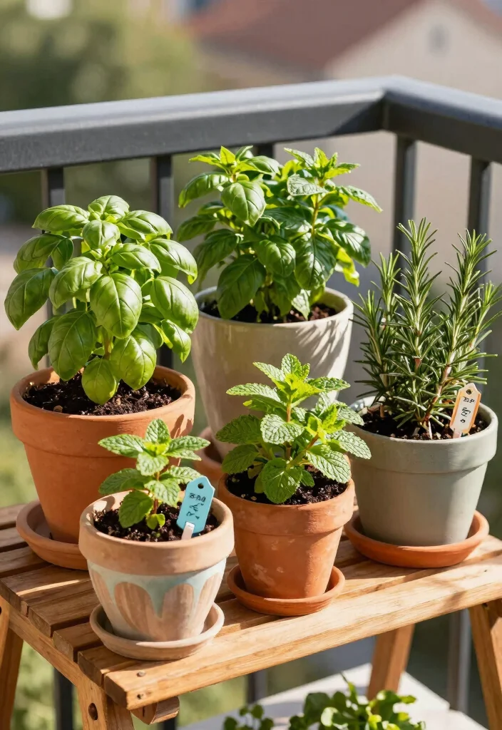 16 Balcony Decoration Ideas with Cozy Textures and Greenery 6. Potted Herb Garden 0