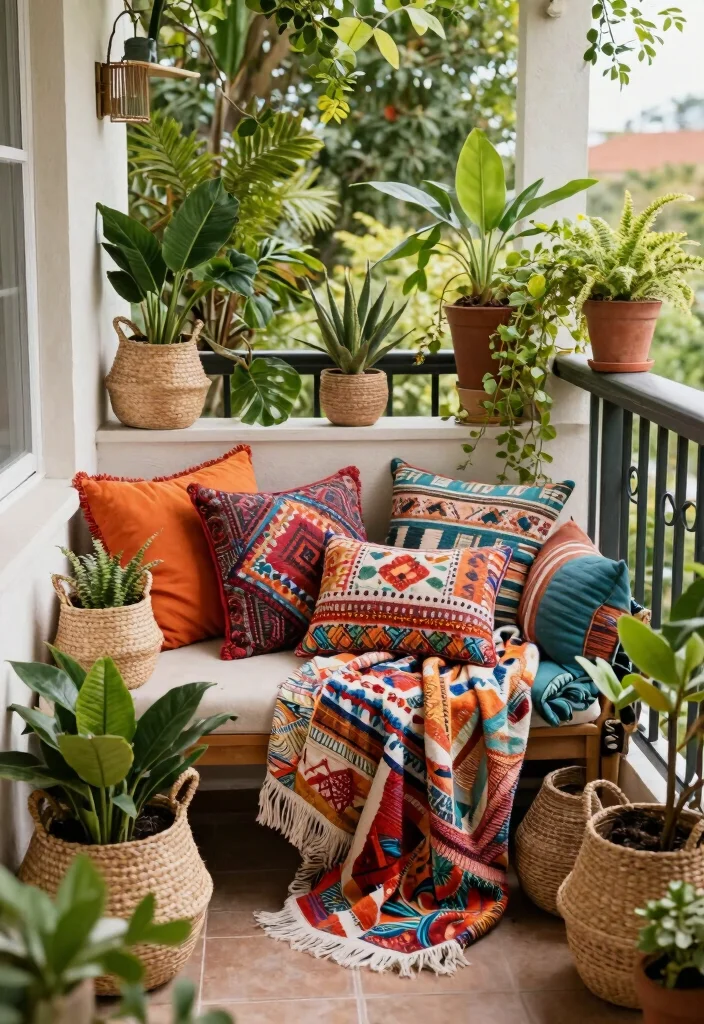 16 Balcony Decoration Ideas with Cozy Textures and Greenery 7. Bohemian Textures 0