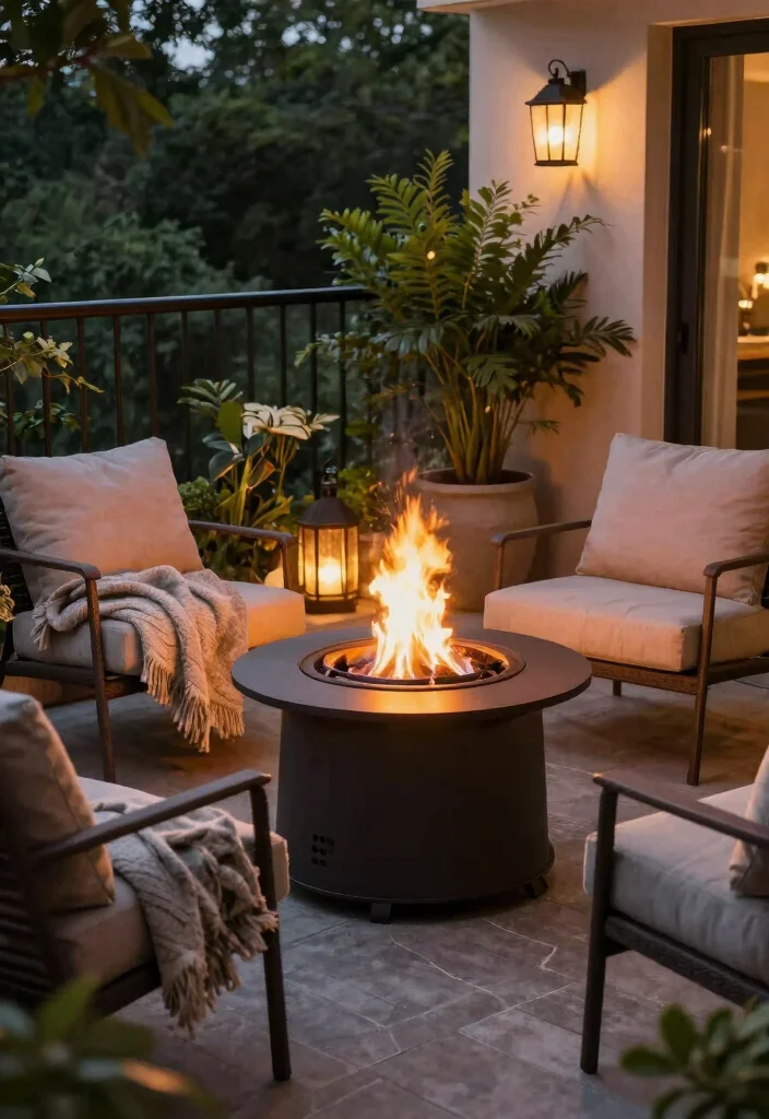 16 Balcony Decoration Ideas with Cozy Textures and Greenery 8. Portable Fire Pit 0
