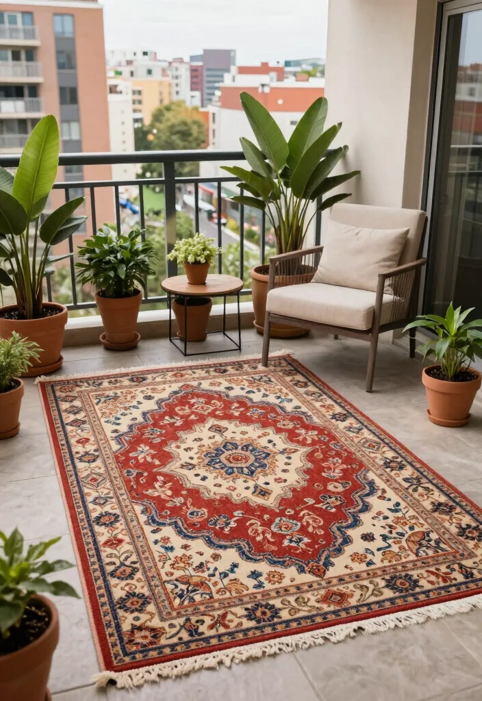 16 Cozy Apartment Balcony Ideas Youll Want to Use Every Day 11. Outdoor Rugs to Define Spaces 0
