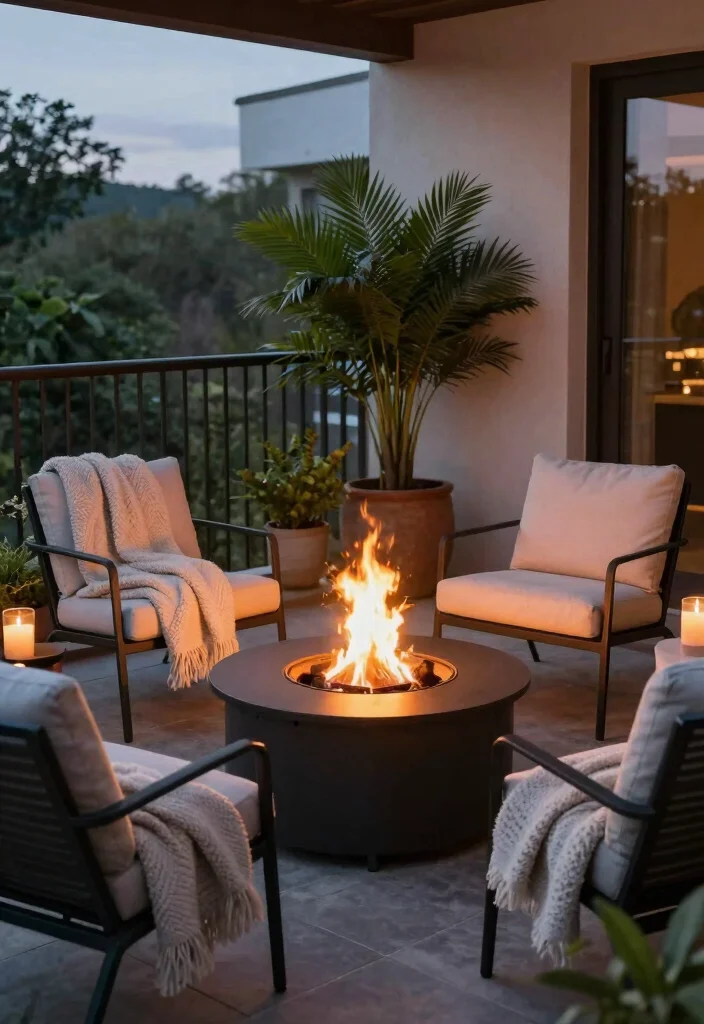16 Modern Balcony Ideas with Clean Lines and Relaxed Atmosphere 5. Cozy Fire Pit 0