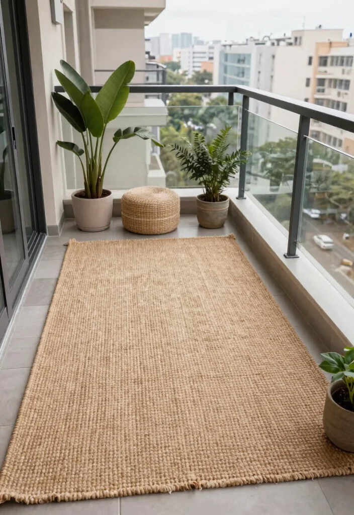 16 Modern Balcony Ideas with Clean Lines and Relaxed Atmosphere 8. Textured Rugs 0